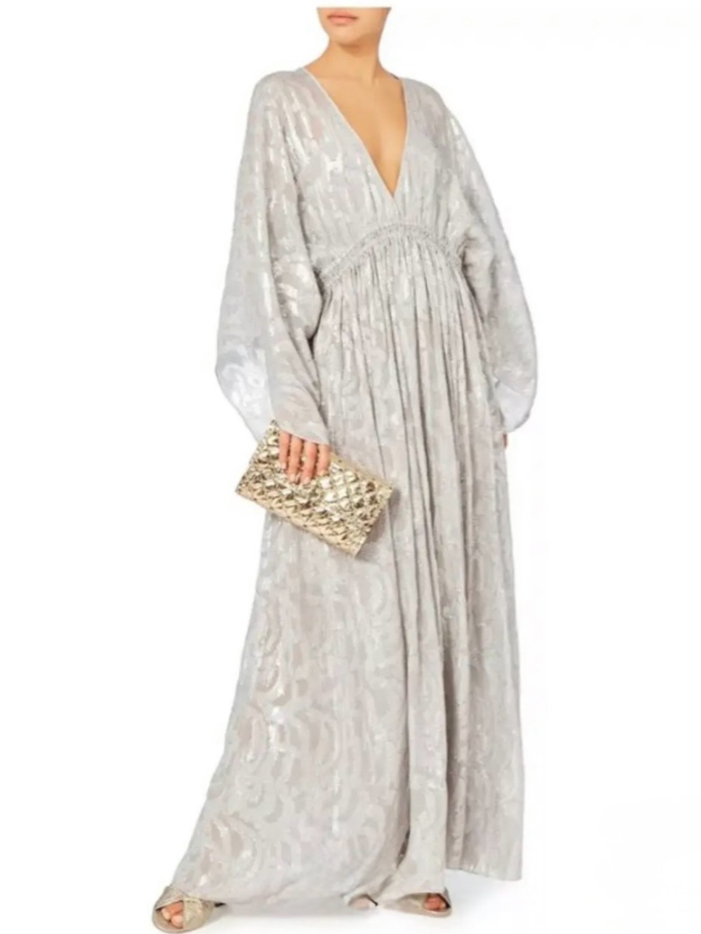 Elizabeth and James Silver Metallic V- Neck kimono Maxi Dress Size Large